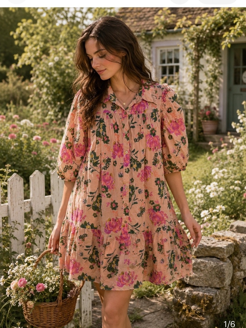 NWT entro Peach Floral Puff-Sleeve Dress